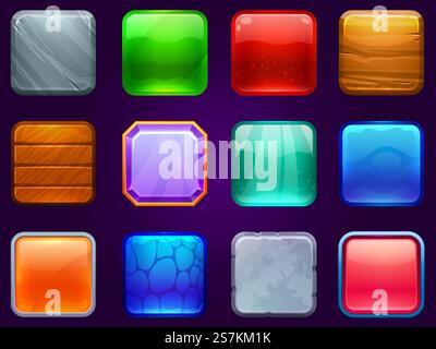 Game UI square buttons. Metal steel, wooden and diamond button frame. Cartoon glossy buttons for kids games vector illustration set. Ui interface set, wooden and metal, game stone. Game UI square buttons. Metal steel, wooden and diamond button frame. Cartoon glossy buttons for kids games vector illustration set Stock Vector