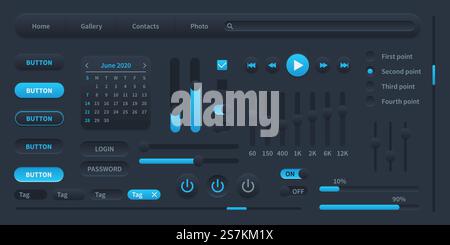 Black user interface. Modern ui elements switches, bars, power buttons and sliders, media display, login and password, vector illustration template. Black user interface. Modern ui elements switches, bars, power buttons and sliders, media display vector illustration Stock Vector