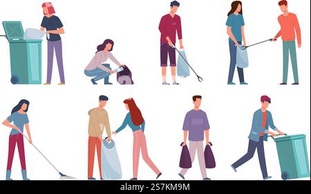 People collecting garbage. Men and women sorting recycling waste in bins, dumpsters and containers, cleaning environment, volunteers protection nature vector flat cartoon concept. People collecting garbage. Men and women sorting recycling waste, cleaning environment, volunteers protection nature vector concept Stock Vector