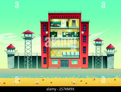 Prison building fenced with strained barbed wire on high wall, searchlights on watchtowers, jail visiting room, canteen, single and group cells cross section interiors cartoon vector illustration. Prison building cross section interiors vector Stock Vector