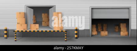 Shop storehouse, store rear entrance for cargo unloading, delivery company warehouse realistic vector with opened doors and roll gates, parcels cardboard boxes inside and on loading ramp illustration. Delivery service warehouse loading entrance vector Stock Vector