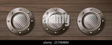 Transparent ship portholes on wooden wall. Vector realistic background of shipboard interior with metal brass round windows illuminators with rivets. Realistic ship portholes on wooden wall Stock Vector