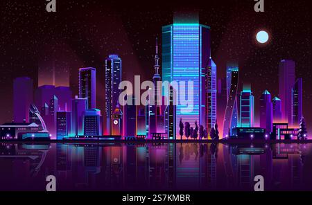 Future metropolis night landscape cartoon vector in fluorescent colors. Illuminated with neon glowing lights skyscrapers on seashore with city buildings reflections in bay calm water illustration. Metropolis night skyline neon color cartoon vector Stock Vector