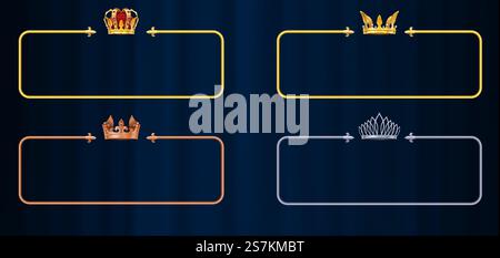 Royal button frames. Bronze, silver and golden ranking frames with crowns premium design, vip game ribbon graphical interface vector set. Illustration royal crown frame, graphical button. Royal button frames. Bronze, silver and golden ranking frames with crowns premium design, vip game ribbon graphical interface vector set Stock Vector