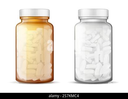 Transparent white, amber glass bottles with plastic lid full of medicines, vitamin, antibiotic, painkiller pills 3d realistic vector isolated on white background. Pharmaceutical goods packaging mockup. Glass bottles with pills realistic vector mock-up Stock Vector