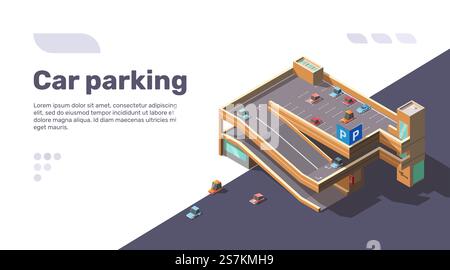 Isometric multi level car parking with elevator. Multistory parking lot building with automobiles on roof. Vector flat infographic illustration of urban transport area with sample text. Isometric multi level car parking with automobiles Stock Vector