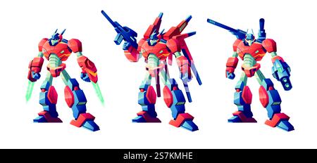 Battle robots, transformers armed laser swords, plasma gun and shoulder cannons cartoon vector set isolated on white background. Alien robotic form of life, military machine, popular toy illustrations. Transformer battle robots cartoon vector set Stock Vector