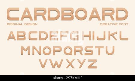 Cardboard font, alphabet from brown craft paper. Vector type from corrugated carton, uppercase letters cut from box isolated on background. Typography original design. Cardboard font, alphabet from brown craft paper Stock Vector
