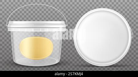 Clear plastic bucket with yellow label and white lid front and top view. Vector mockup of realistic 3d empty container for food, sauce, ice cream isolated on transparent background. Clear plastic bucket front and top view Stock Vector