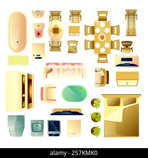 Modern living and bedroom wooden furniture, kitchen and bathroom appliances top view cartoon vector illustration set isolated on white background. Home or apartment interior design elements collection. Home furniture and appliances cartoon vector set Stock Vector