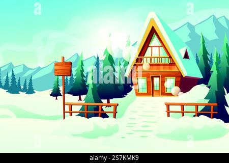 Country or village cottage house in snowy mountains cartoon vector. Winter resort comfortable, small hotel wooden building with pitched roof, balcony, signboard and snowdrifts near fence illustration. Cottage house in winter mountains cartoon vector Stock Vector