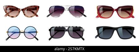 Set of sunglasses, different trendy glasses for sun shine protection. Modern hipster eyewear design with colorful protective lens. 3d vector illustration. Set of sunglasses, different trendy glasses for sun shine protection. Modern hipster eyewear design Stock Vector