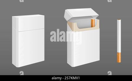 Open and closed pack of cigarettes with golden foil. Vector realistic mockup of white paper package with last cigarette and single one isolated on gray background. Pack of cigarettes with one cigarette Stock Vector
