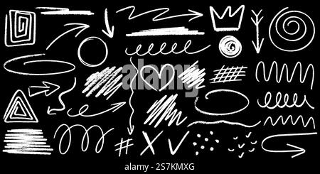 Grunge chalk hand drawn elements set. Simple pencil doodle on chalkboard school board. Arrow, spiral, line, highlighter, circle and other scribbled Stock Vector
