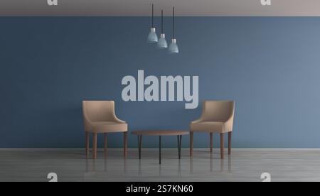 Modern apartment living room, hotel lounge, office waiting area minimalistic interior 3d realistic vector mockup. Two comfortable, chairs with backrest near coffee table in spacious room illustration. Hotel lunge area interior realistic vector mock Stock Vector