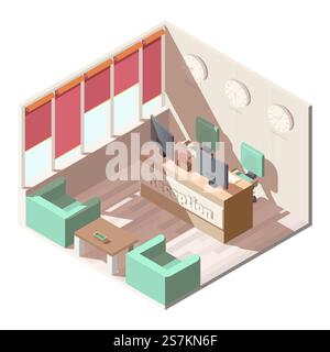 Hotel, company office reception hall interior with comfortable armchairs and coffee table, computer monitors on receptionists desk, different time zones clocks on wall isometric vector illustration. Hotel reception hall interior isometric vector Stock Vector