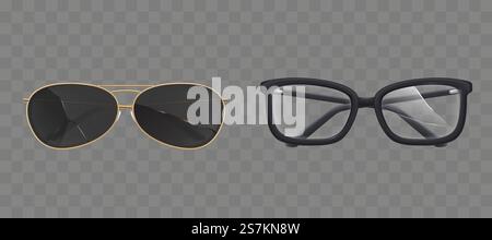 Broken eyeglasses and sunglasses set. Old fashioned spectacles with plastic rectangular frames and modern black sun goggles with damaged cracked lenses front view. Realistic 3d vector illustration. Broken eyeglasses and sunglasses, goggles set Stock Vector