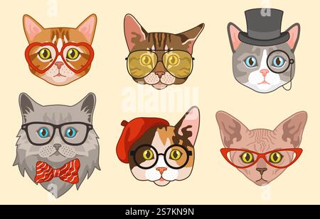 Cat heads. Cute funny cats avatar muzzles with accessories, glasses and hats, bow tie. Happy hipster pets vector drawing modern animal isolated characters. Cat heads. Cute funny cats avatar muzzles with accessories, glasses and hats, bow tie. Happy hipster pets vector characters Stock Vector