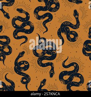 Vector magic seamless pattern with snake with signs sun, moon, magic eyes, constellations and stars. Mystical esoteric background for design of fabric, packaging, astrology, phone case, yoga mat, notebook covers, wrapping paper. Stock Vector