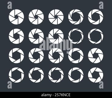 Camera lens diaphragm. Optical lenses, shutter aperture pictogram. Collection of photo or video camera snap optics with different position of petals. Outline silhouette vector isolated set. Camera lens diaphragm. Optical lenses, shutter aperture pictogram. Collection of photo camera snap optics with different position of petals. Outline vector isolated set Stock Vector