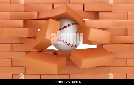 Brick wall destroying with baseball ball coming out of hole with red bricks falling down. Sports game championship or tournament announcement, demolishing building Realistic 3d vector illustration. Brick wall destroying with baseball ball, sports Stock Vector
