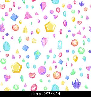 Crystal and gem seamless pattern. Bright abstract texture with crystals and gems, minerals and diamonds. Vector colorful background with isolated elements. Crystal and gem seamless pattern. Bright texture with crystals and gems, minerals and diamonds. Vector background with isolated elements Stock Vector