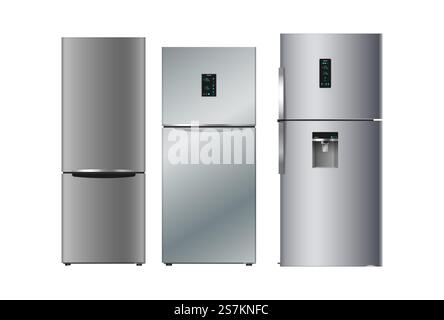 Set of realistic silver fridges for modern kitchen. 3d detailed refrigerators collection. Coolers and freezers equipment for food storage. Vector illustration. Set of realistic silver fridges for modern kitchen. 3d detailed refrigerators collection Stock Vector