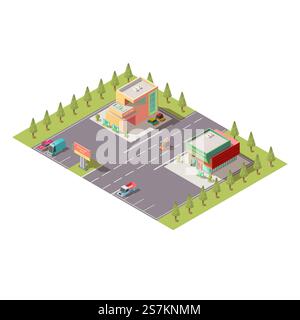 New car selling dealership center, automobile salon, vehicle store showroom buildings with car going on road, parked on parking area isolated isometric vector. City commercial real estate illustration. Car dealership showroom buildings isomeric vector Stock Vector