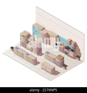 Empty isometric interior of restaurant kitchen. Vector flat illustration with sink, fridge and other cuisine equipment for professional cooking food in cafe, hotel, canteen. Empty isometric interior of restaurant kitchen Stock Vector