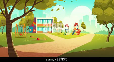 Kindergarten kids playground, empty area for children with nursery school colorful building, green grass, slides and swings for playing and recreation fun at summer time Cartoon vector illustration. Kindergarten kids playground, empty children area Stock Vector