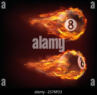 Flying black billiard eight ball in fire isolated on black background. Vector realistic pool or snooker ball with number 8 in flame with sparks. Template for banner or poster of sport tournament. Flying black billiard eight ball in fire Stock Vector