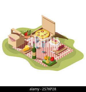 Isometric picnic set of food, pizza box, wine and basket. Fresh meal, fruits, bottle with glasses and tablecloth for dinner or lunch outdoor isolated on white background, 3d Vector illustration, icon. Isometric picnic food, pizza box, wine and basket. Stock Vector