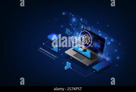 Web development and coding. Cross platform development website. Adaptive layout internet page or web interface on screen laptop, tablet and phone. Stock Vector