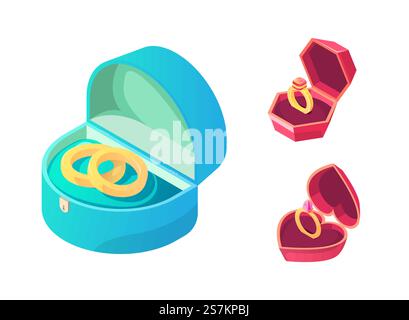 Rings for wedding and engagement in various boxes set isolated on white background. Gold annulus with precious sparkling gem stones. Jewelry accessory or pleasant surprise. Cartoon vector illustration. Rings for wedding and engagement in various boxes Stock Vector