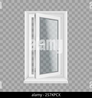 Open realistic glass transparent plastic window with windowsills and opening handle. White home and office windows with one section. 3d vector illustration. Open realistic glass transparent plastic window with windowsills and opening handle Stock Vector