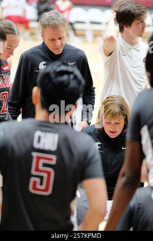 Washington State University women's basketball head coach Kamie Ethridge surrounded by players during a timeout; coaching, instructing, strategizing. Stock Photo