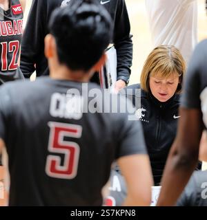 Washington State University women's basketball head coach Kamie Ethridge surrounded by players during a timeout; coaching, instructing, strategizing. Stock Photo