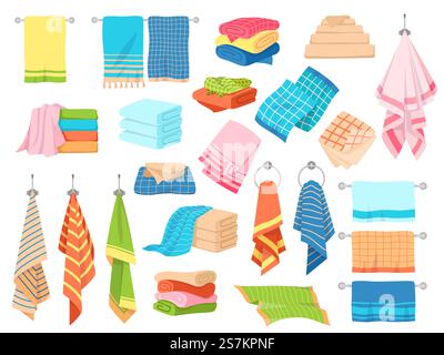 Bath towel. Hand kitchen towels, textile cloth for spa, beach, shower fabric rolls lying in stack. Cartoon vector hygiene objects clothing softness blanket hanging handkerchief set. Bath towel. Hand kitchen towels, textile cloth for spa, beach, shower fabric rolls lying in stack. Cartoon vector set Stock Vector