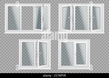 Set of transparent metal plastic windows. Energy cost saving easy to care plastic pvc window frames. Realistic facade panels icons isolated on transparent background. Vector illustration. Set of transparent metal plastic windows. Energy cost saving easy to care plastic pvc window frames Stock Vector
