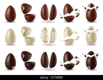 Set of chocolate eggs of milk, dark and white chocolate, whole, broken, cracked and halves of easter eggs isolated on white background. 3d realistic vector illustration. Set of chocolate eggs of milk, dark and white chocolate, whole, broken and halves of easter eggs Stock Vector