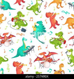 Seamless cartoon music dinosaurs pattern. Dino band, cute dinosaur playing music instruments and rockstar tyrannosaurus vector illustration. Dinosaur rock musician, musical playing guitar. Seamless cartoon music dinosaurs pattern. Dino band, cute dinosaur playing music instruments and rockstar tyrannosaurus vector illustration Stock Vector