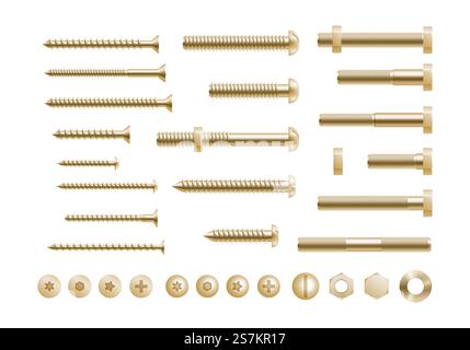 Metal golden screws, steel bolts, nuts, nails and rivets isolated on white background. Set of construction detail tools. 3d vector illustration. Metal golden screws, steel bolts, nuts, nails and rivets isolated on white background Stock Vector
