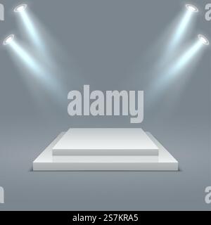 Square illuminated podium. Stage pedestals winner scene with lighting. 3D two-stage platform on gray background. Vector realistic light. Square illuminated podium. Stage pedestals winner scene with lighting. 3D two-stage platform on gray background. Realistic light Stock Vector