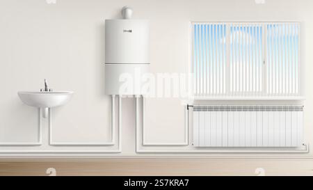 Bathroom with boiler water heater connected with radiator and washbasin, bath room interior with jalousie window. Home appliances, central heating system equipment. Realistic 3d vector illustration. Boiler water heater with radiator and washbasin Stock Vector