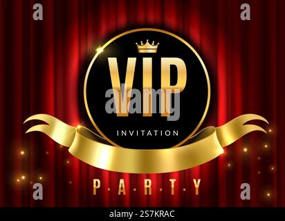 Vip theatre. Golden sign of event premium certificate or card on red luxury curtains for private invitation vector design of royal vintage banner with sparkles. Vip theatre. Golden sign of event premium certificate or card on red luxury curtains for private invitation vector design Stock Vector