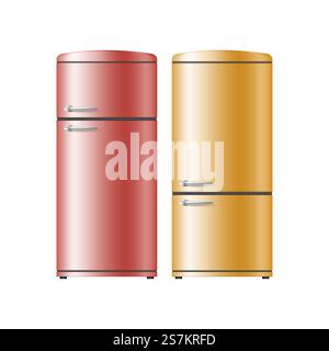 Two realistic fridges. Modern refrigerators for cooling products and kitchen food storage in retro style. Household appliances. 3d vector illustration. Two realistic fridges. Modern refrigerators for cooling products and kitchen food storage Stock Vector