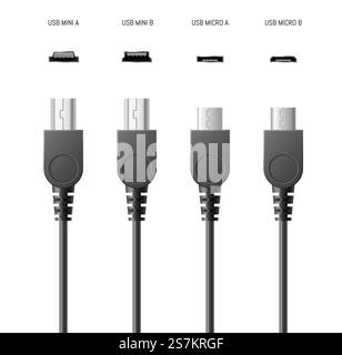 USB cables and sockets set realistic 3D isolated. Connector plugs for mobile phone or smartphone charging or PC devices connection. Vector illustration. USB cables and sockets set realistic. Connector plugs for smartphone charging or devices connection Stock Vector