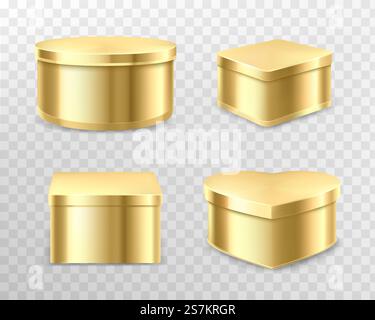 Golden tin boxes for tea, coffee or candies. Vector realistic mockup of round, square and heart shape cans for gift packaging sweets, biscuits isolated on transparent background. Golden gift tin boxes for tea, coffee or sweets Stock Vector