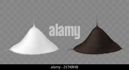 Salt and ground black pepper pile isolated on transparent background. Vector mockup of realistic two heaps of white loose seasoning. Two piles of salt and ground black pepper Stock Vector