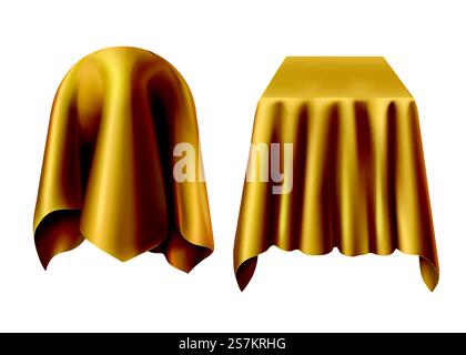 Sphere and box covered with gold cloth. Vector template of ball and cube hidden under silk golden veil or curtain for presentation, surprise, gift isolated on white background. Sphere and box covered with golden cloth Stock Vector